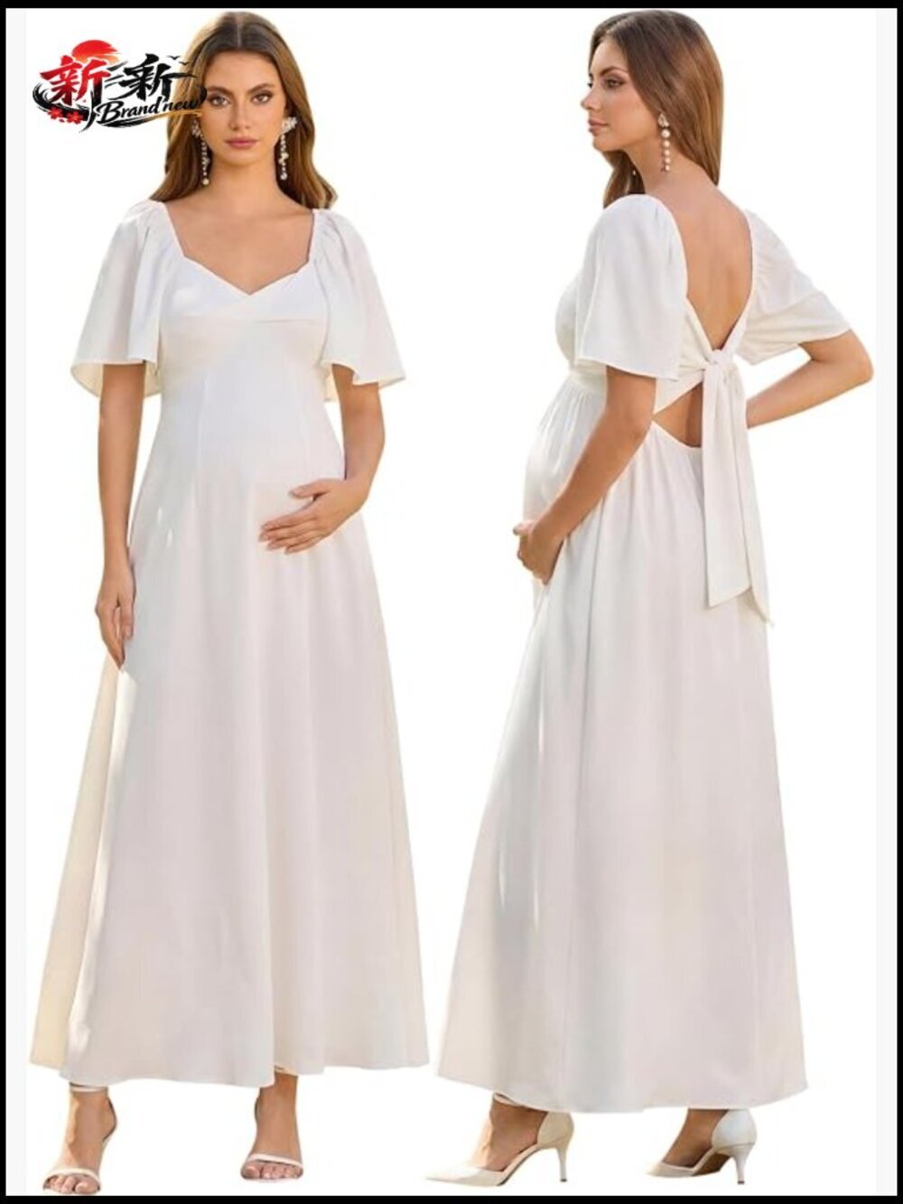 Maternity Baby Shower Dress Long Maxi with Pockets Flowy V-Neck